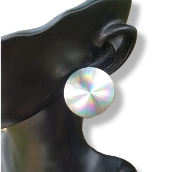 1960s RAINBOW DIFFRACTION DISK SILVERTONE BROOCH & CLIP ON EARRINGS SET - Picture 3 of 4